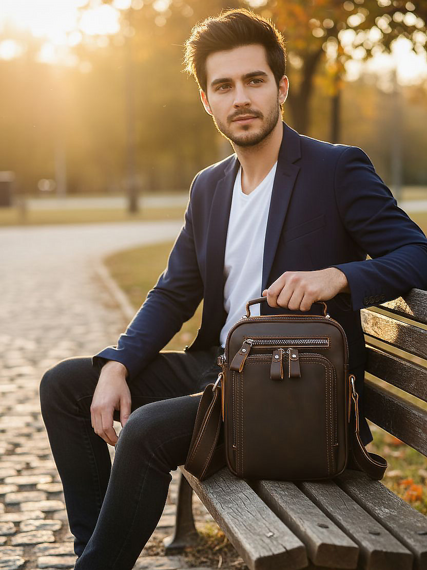 Malá pánska kožená taška Tommy City cez rameno v tmavo hnedej farbe, ideálna na doklady a tablet